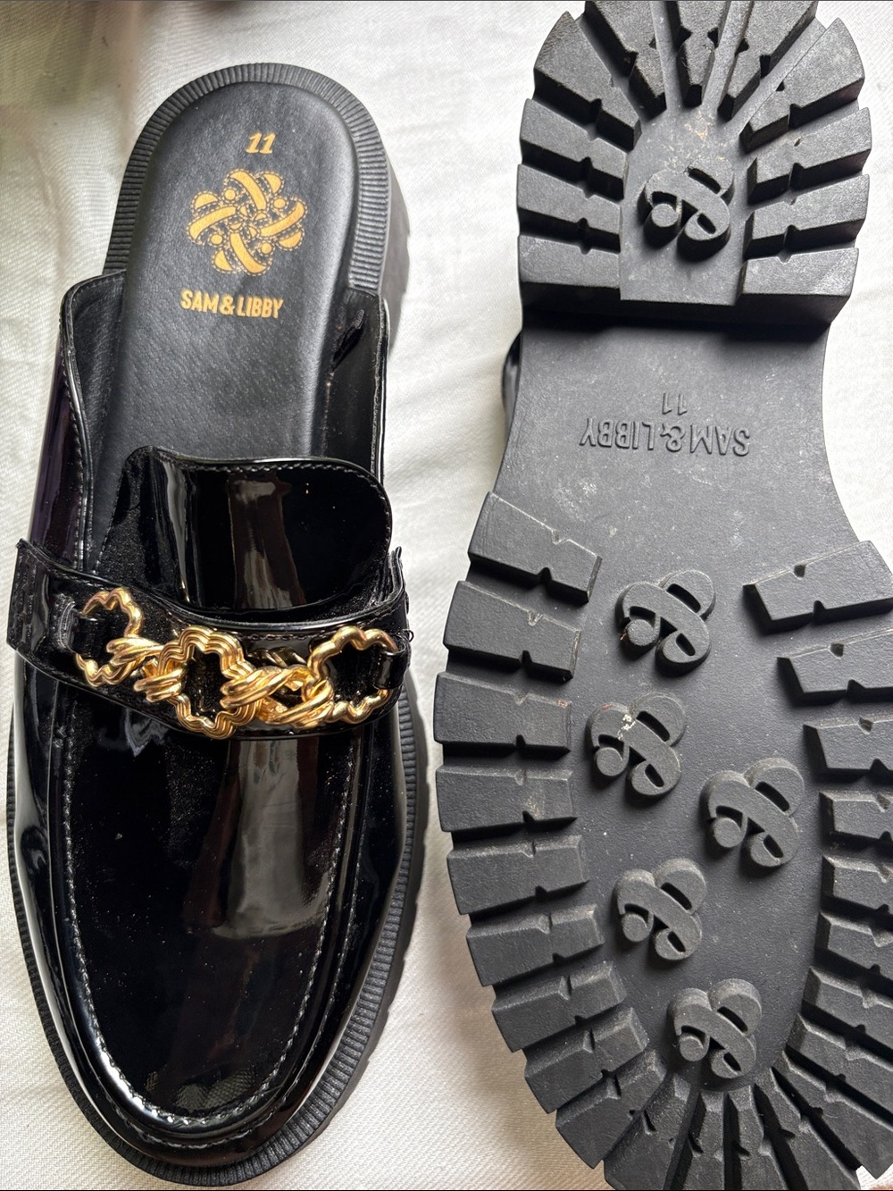Sam & Libby Black Patent Loafers with Lug Sole and Gold Chain Accent-size 11